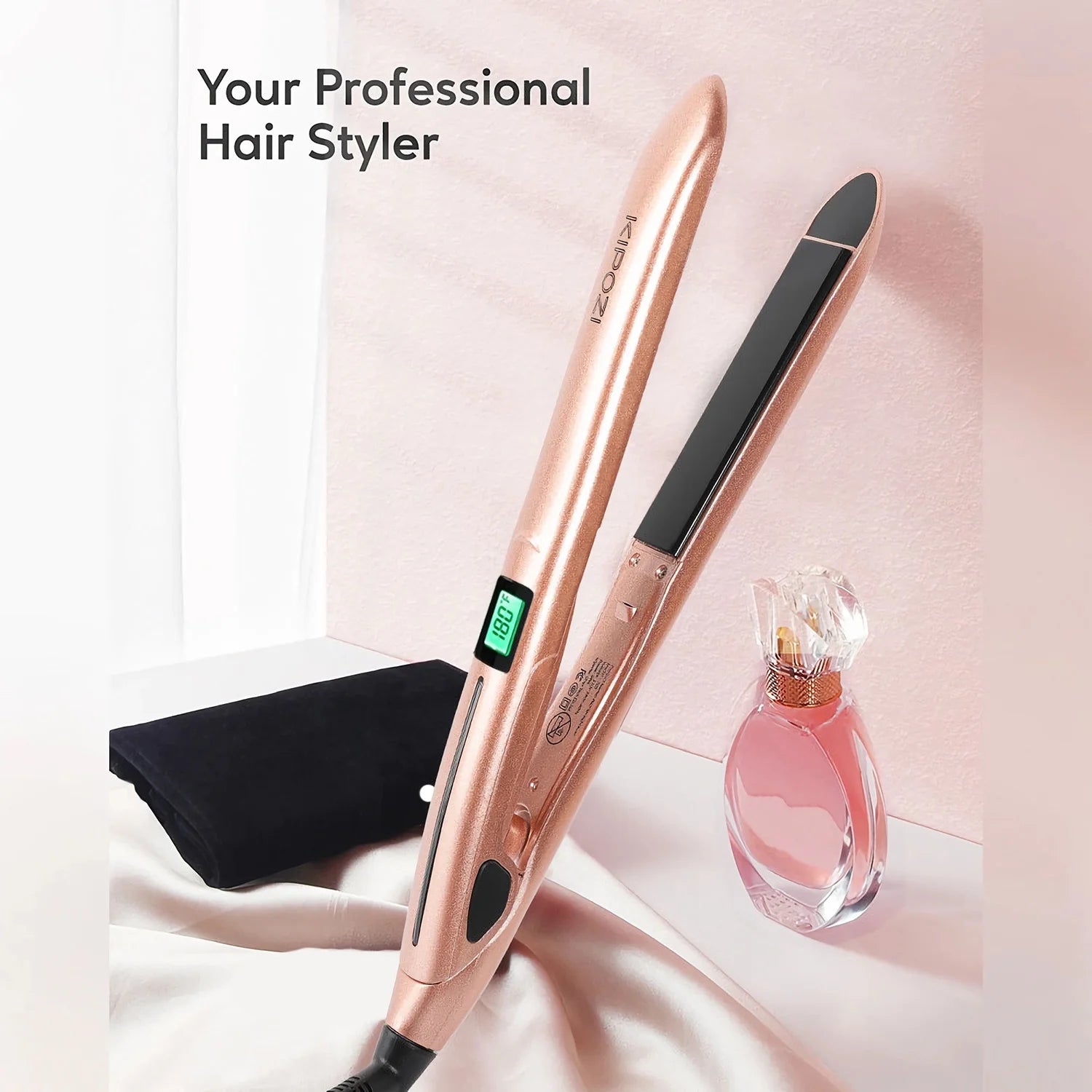 Professional Negative Ion Hair Straightener, Anti-Static Flat Iron with Floating Titanium Plates, 1 Inch, Rose Gold