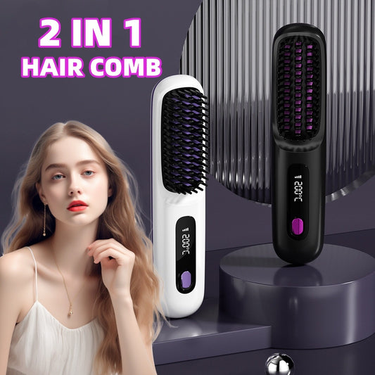 2 In 1 Straight Hair Comb cordless  Hair Straightener Brush Hair Fast Heating Portable Hot Curler USB Charging